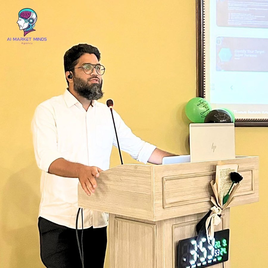 Nizam Ud Deen presenting from the lectern at the E-Com NextGen Summit 2025 in Multan