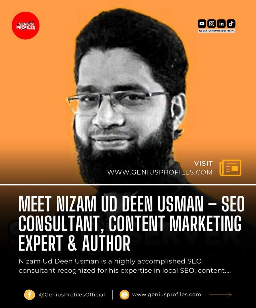Genius Profiles feature graphic headed Meet Nizam Ud Deen Usman, SEO Consultant, Content Marketing Expert and Author