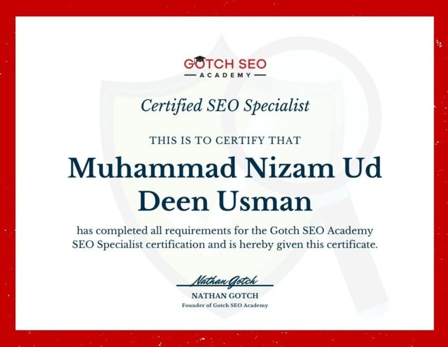 Gotch SEO Academy Certified SEO Specialist certificate issued to Muhammad Nizam Ud Deen Usman and signed by Nathan Gotch