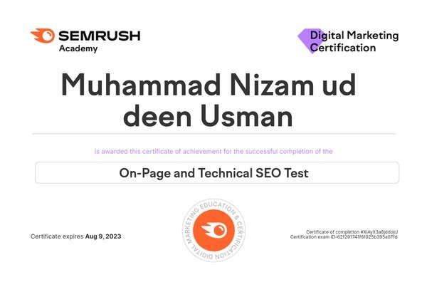 Semrush Academy Digital Marketing Certification awarded to Muhammad Nizam ud deen Usman for the On-Page and Technical SEO Test
