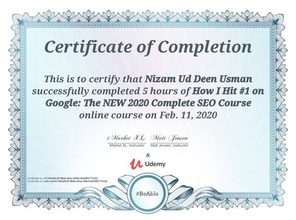 Udemy certificate of completion issued to Nizam Ud Deen Usman for a complete SEO course, dated 11 February 2020